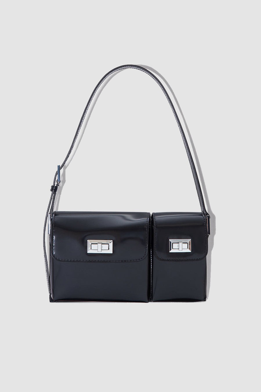 By Far Baby Billy bag in black semi-patent leather with adjustable strap and back pocket – preloved designer handbag on Designer Outlet Ireland